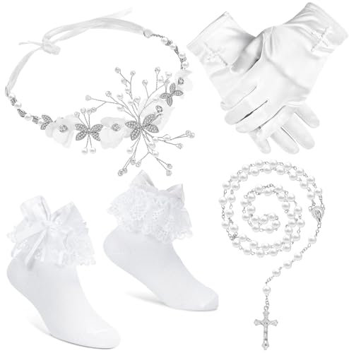 SATINIOR 4er Set Erstkommunion Geschenke für Mädchen Perlen Blumenkranz Stirnband Weiße Handschuhe Rosenkranz Perlen Halskette Knöchellange Spitzen Schleife Socken für Katholisches Heiliges Gebet