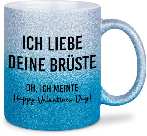 glitzertassen.de® | Ich liebe deine Brüste (Valentinstag) | Tasse mit Glitzer | Geschenkidee | Lustige Sprüche | Valentinstag | Kaffeebecher | Keramik | 330 ml | Silberblau