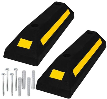 Juego de 2 bloques de estacionamiento con rayas reflectantes amarillas, tope de rueda resistente de 57 cm, tope de rueda de estacionamiento de PVC para suelo de garaje, bloque guía de estacionamiento