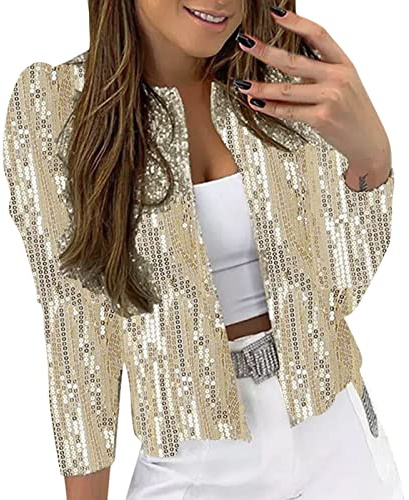 IQYU Glitter, kavaj, stora storlekar, paljetter, kavaj-koftor, elegant glitter, damkofta, kvällsfest, kofta, festlig bolero, temperament, stickad kappa, metallisk jacka, bomberjacka, Beige, 3XL