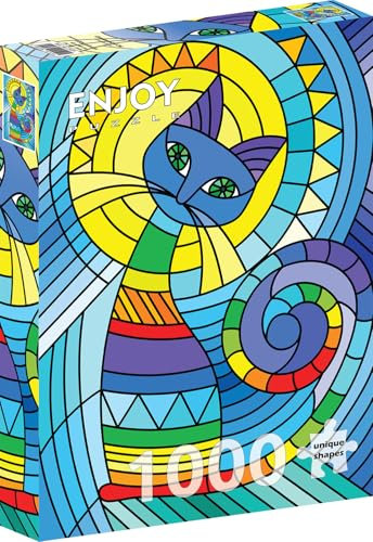 1000 Pieces Jigsaw Puzzle for Adults – Matte Finish, Soft Touch, Sturdy and Unique Pieces, Tight Fit, Vivid Colors, Missing Pieces Service – Multicolor Cat Stained Glass Illustration – by ENJOY Puzzle