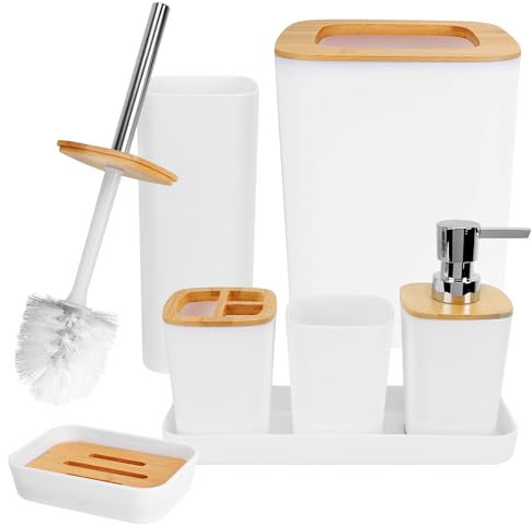 TOOSII 7 Pieces Bathroom Accessories Set, Luxury Plastic Bathroom Accessories Set Bamboo Cover, Bathroom Bin and Toilet Brush Set with Soap Dispenser, Toothbrush Cup, Toothbrush Holder, Soap Dish, Tra