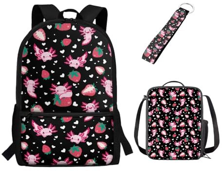 xixirimido 3-teiliges Kinder-Schulrucksack-Set, isolierte Lunchtasche, Schlüsselanhänger, Axolotl Strawberry, Einheitsgröße, Lässiger Tagesrucksack