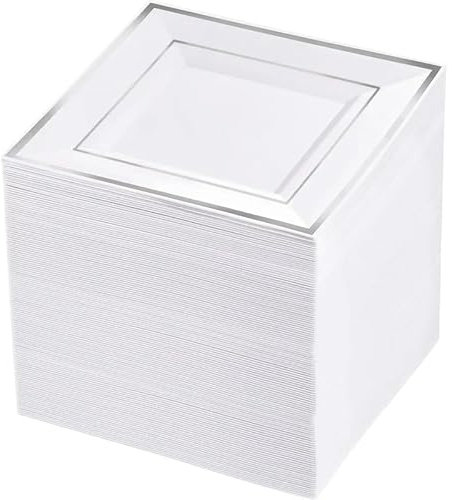 SZHXVIVISY Plato de plástico reutilizable cuadrado de 6.5 pulgadas/9.5 pulgadas,plato de fiesta blanco,plato de plástico duro,plato de plástico para servir,plato de postre fiesta(plata,6.5 pulgadas)