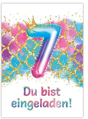 Junaversum 12 Einladungskarten zum 7. Kindergeburtstag Meerjungfrau Mädchen Mädchengeburtstag Einladungen siebte Geburtstag Kinder