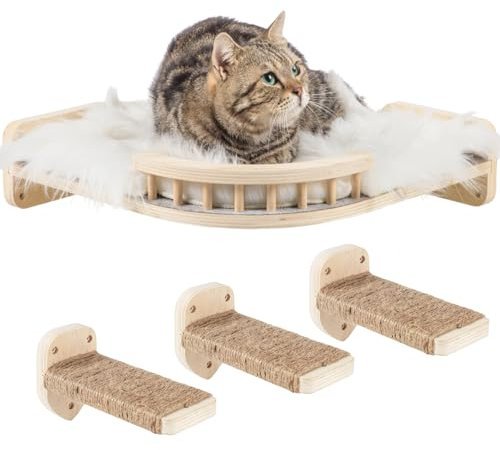 Coolex Large Cat Shelves with 3 Steps, Wall Mounted Cat Climbing Shelf with Plush Covered Bed, for Indoor Cats (Wood)