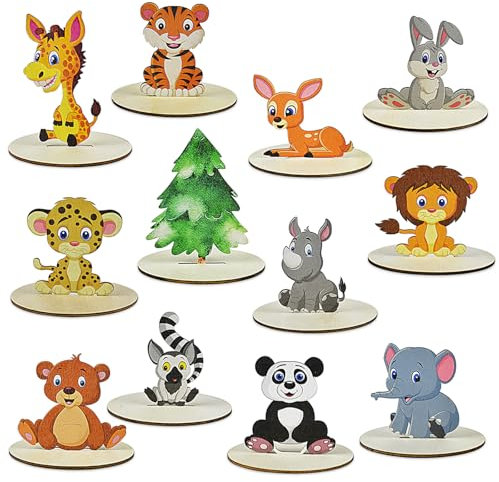Waldtiere Deko Holz,Waldtiere Figuren,Geburtstag Waldtiere,12 Stück Niedlich Holz Tischaufsatz Waldtiere,Tortendeko Waldtiere,Tortendeko Dschungel Tischdeko Ornamente für Kindergeburtstag Deko