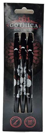 Puckator Gothica Recycled ABS (RABS) Pen Set of 3 - Pen Stationary Set - Cool Fancy Pack of Pens Black For Office Writing College - Uni Essentials - Back to School Supplies - Non Smudge
