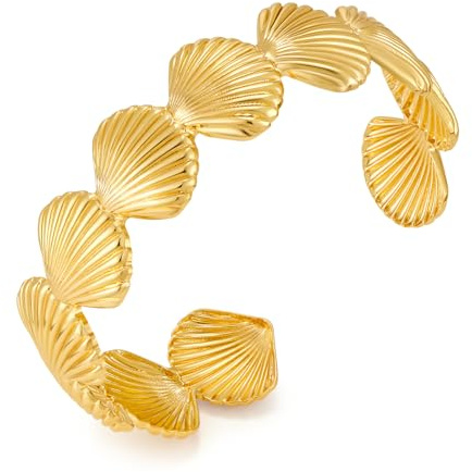 ENSKEFEN Gold Muschel Armbänder für Damen Trendige Gestreifte Jakobsmuschel Armreifen Offener Manschette Verstellbare Muschel Armmanschetten Vintage Sommer Strand Statement Goldarmbänder