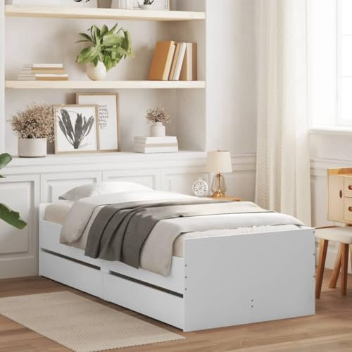 Festnight Letto 75x190 con Cassetti, Letto Contenitore 75x190, Struttura Letto con Cassetti, Giroletto Singolo, Bianco 75x190 cm