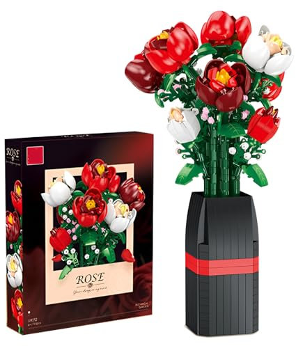 Fuleying Rosen Bausteine Bausatz mit Vase, 761 PCS Blumen Klemmbausteine Set, Künstliche Blumen für Zuhause Büro Dekoration, Botanische Sammlung inspiriert Bauspaß für Sie, Frauen