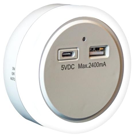 Uni-Com Plug-in Night Light with Built-in USB-A & USB-C Charger, Dusk to Dawn Sensor, Energy Saving Long Life LEDs, Soft Light for Children’s Rooms, Bedrooms, Stairways & Hallways
