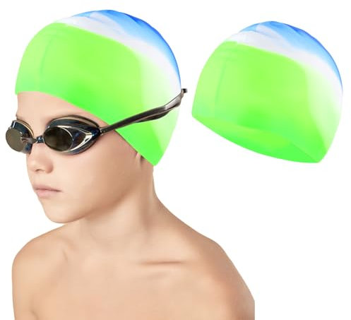Cuffia Piscina Bambini 4-12 Anni in Silicone, Cuffie Nuoto Ragazzi, Cuffie Piscina Bambini Comode, Impermeabili per Capelli Lunghi o Corti, Cappello da Bagno Morbido Swimming Caps
