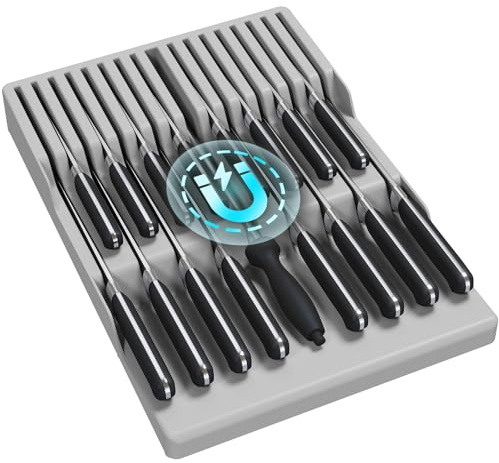 Lifewit Portacoltelli magnetico cassetto per 16 coltelli, 29,5 x 42 x 5 cm, organizer per coltelli con fondo antiscivolo, blocco portacoltelli vuoto in plastica, grande inserto per cassetti, grigio