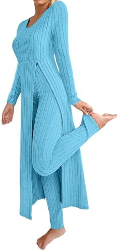 KBOPLEMQ Tuta da donna in due pezzi, a maniche lunghe, a coste, top e leggings, set da due pezzi, per il tempo libero, casual, da jogging, a maglia, pantaloni lunghi