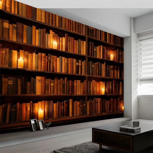 Fototapete Bücherregal Kerzenlicht Bücher Tapete B350 x H256 cm, Retro Stil Foto Tapete Schlafzimmer Wohnzimmer Vliestapete - XXL Motivtapeten Bildtapete 3d Effekt Wand Dekoration