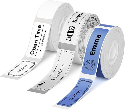 NIIMBOT 3 Rollen Etiketten für D110 D11 D101 Etikettendrucker, Weiß-15x30mm, Transparent-14x50mm, Blau12x40mm