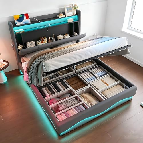MARSBIRD Modernes Polsterbett Bettgestell 140x200cm MTI Stauraum unten, Bettrahmen Jugendbett mit Kopfteil, Doppeltbett LED-Belechtung und USB-Anschlüsse, ohne Matratze Grau