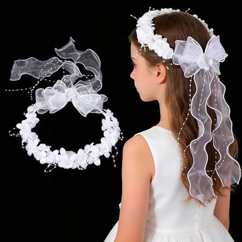 Haarschmuck Kommunion Mädchen Stirnband Blumenkranz mit Weiß Blüten Perlen Organza Bänder für Erstkommunion Blumenkind Blumenmädchen Hochzeit Festival Kopfschmuck