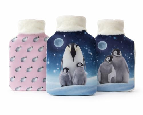 Cassandra Penguin Design Hot Water Bottle with Cover – Soft Fleece Winter Scene Print, Natural Rubber Bottle Included (Designs May Vary)