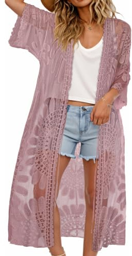 Womens Beach Coverups Lace Kimono Cardigan Open Front Swimsuit Bikini Tops | soft and lightweight, relaxed fit, see through lace patterns, half sleeve, elegant cover up for beach parties and vacation