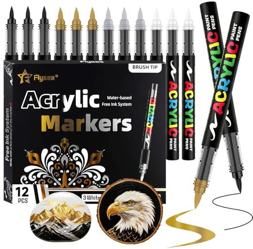 Gelanty Acrylic Paint Pens, 12 Pack, White Black Gold and Silver Brush Tip | Four colours—white, black, gold and silver—for DIY crafts, canvas and multi-surface art on rocks, ceramic and wood.