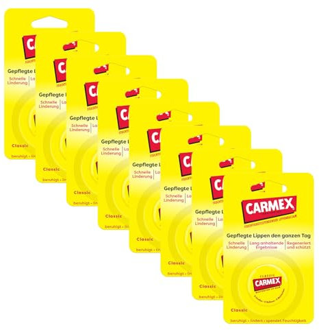 Carmex Classic Tiegel - Lippenpflege für trockene Lippen, Lippenbalsam feuchtigkeitsspendend und beruhigend für rissige Lippen, mit Vaseline, Vitamin E und Bienenwachs - (8 x 7,5 g)