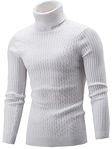 AIDEAONE Pull à Col Roulé pour Homme Pulls Basique Slim Fit Chaud en Maille Sweat Chaud Blanc M