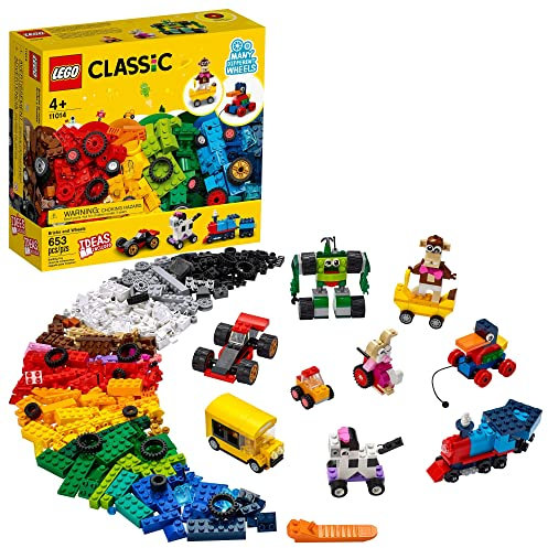 LEGO Classic Bricks and Wheels 11014 Building Kit; Includes a Toy car, Train, Bus, Robot, Skateboarding Zebra, Race car, Bunny in a Wheelchair, and Much More, New 2021 (653 Pieces)