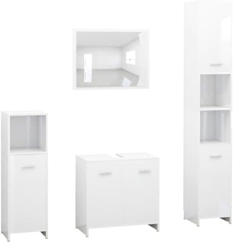vidaXL Badmöbel Set 4-TLG. Spiegel Unterschrank Badschrank Midi Schrank Hochschrank Badezimmermöbel Waschbeckenunterschrank Hochglanz-Weiß Holzwerkstoff
