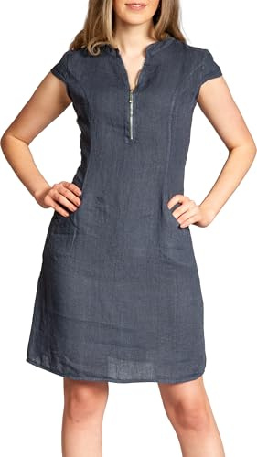 Caspar SKL040 stylisches knielanges Damen Sommer Leinenkleid mit Reißverschluss Ausschnitt