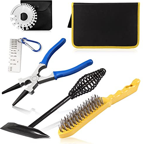 LEONTOOL 6 Pcs Welding Pliers Set, 8-Inch MIG Pliers, 10-Inch Welding Chipping Hammer, 10-Inch Wire Brush Slag Removal Tool, 2 Stainless Steel Metal Sheet Thickness Gauges with Storage Pouch