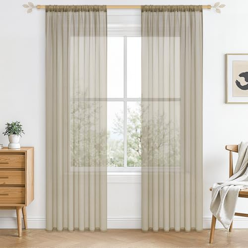 CUTEWIND Vorhänge mit Stangendurchzug Gardinen in Leinenoptik Stores Gardine Transparent Vorhang für Wohnzimmer Schlafzimmer 140x225(BxH) 2er Set je Beige