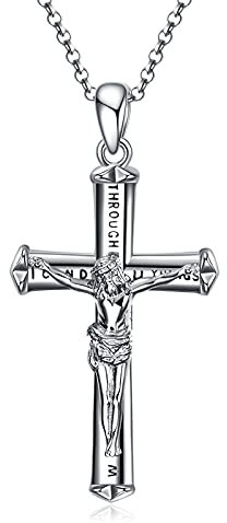 POPLYKE Kruzifix Kette Sterling Silber Jesus Anhänger Kreuz Schmuck Philippians 4:13 Ich kann alle Dinge inspirierende Halskette Damen Männer 20+2 Zoll Kette
