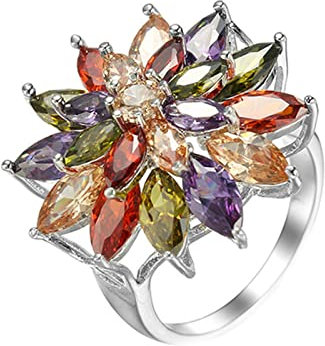 Lieson Bagues Femme, Bague Mariage Plaque Or Blanc Bague Femme Zirconium Multicolore Marquise Fleurs Bague Femme Taille 54
