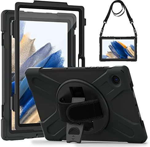 Gerutek Hülle für Samsung Galaxy Tab A8 10.5 Zoll 2022(SM-X200/X205/X207), Stoßfeste Schutzhülle mit Displayschutzfolie,Drehbarer Ständer,Handschlaufe,Schultergurt,Stifthalter Panzerhülle für Tab A8