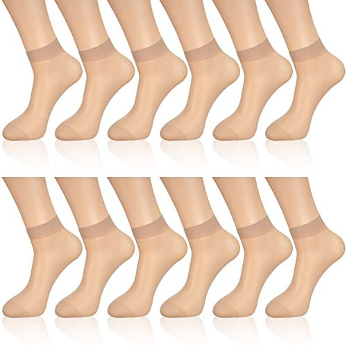 Geyoga 12 Pairs Sheer Ankle Socks Thin Nylon Transparent Ankle High Hosiery Socks Short Dress Stockings for Women(Large,Nude Color)