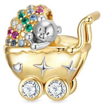 GNOCE Charm Perle Bär Kinderwagen Charm 925 Sterlingsilber 18K vergoldet mit bunten CZ-Steinen für Armband Halskette Schmuck Geschenk für Mädchen Frau Tochter