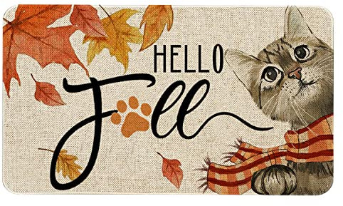 Hello Fall Door Mat 30 X 17 Inch Fall Cat Doormat Indoor Outdoor Entrance Floor Mat Non Slip Autumn Thanksiving Decor Rubber Welcome Mats