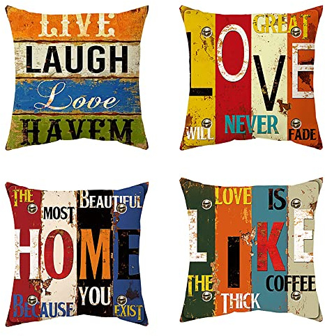 AKIS Home Kissenbezug 45x45cm 4er-Set Vintage amerikanisches Stil Kissenbezüge für Wohnzimmer Essenzimmer Schlafzimmer Wohndeko Kissenhülle (Love Home)…