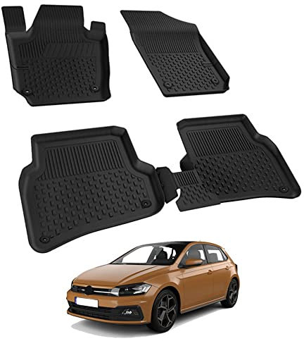 Auto Fußmatten Kompatibel mit VW Polo 2017-2024 Geruchlos 4.5D Passform Allwetter Automatten 5 Teilige | Antirutschmatte Hoher Rand Gummimatten Schwarz Fussmatten Vorne Hinten Autoteppich