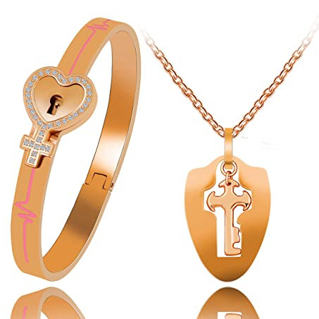 Tobestu Stainless Steel Heartbeat Line Cross Bangle Heart Lock Bracelet and Shield Key Pendant Necklace Set for Couples Gifts (Heart, Rose Gold)