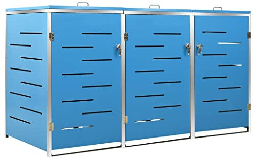 KOIECETA Mülltonnenbox für 3 Tonnen Abschließbar Rostfrei Müllbox Mülltonnenverkleidung Mülltonne Müllcontainer Gartenbox 207x77,5x115cm Edelstahl Blau