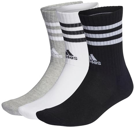 adidas Unisex Kids 3-Stripes Cushioned Crew Socks 3 Pairs, Medium Grey Heather/White/Black/White, 6-7 Years