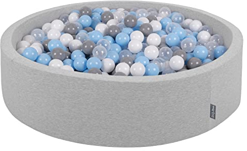 KiddyMoon Bällebad 120X30cm/300 Bälle Rund Groß Bällepool Mit Bunten Bällen Für Babys Kinder, Hellgrau: Grau/Weiß/Transparent/Babyblue