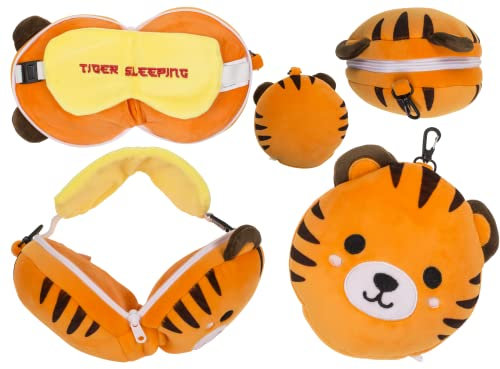 Out of the blue Kinder-Plüsch-Reisekissen Tiger mit Augenmaske – Weiches 2-in-1 Nackenkissen für Kinder – Kuscheliges Reisekissen für Auto, Zug & Flugzeug – Waschbar & platzsparend