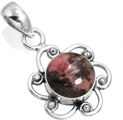 Jeweloporium Rosa Rhodonit Silber Halskette, 925 Sterling Silber Anhänger für Damen, Echter runder Stein Handgefertigter Schmuck