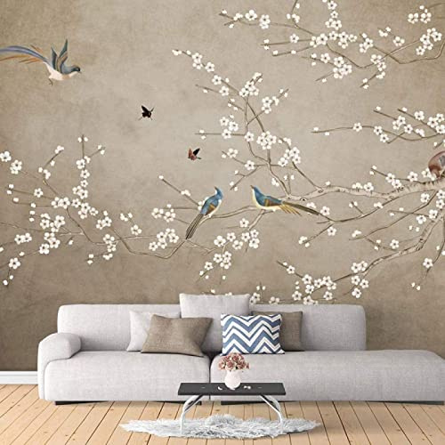 Fototapete 3D Effekt Tapete Vintage Zweige Vögel Und Blumen 3D Tapeten Wandbilder Wohnzimmer Schlafzimmer Kinderzimmer Dekoration Wanddeko