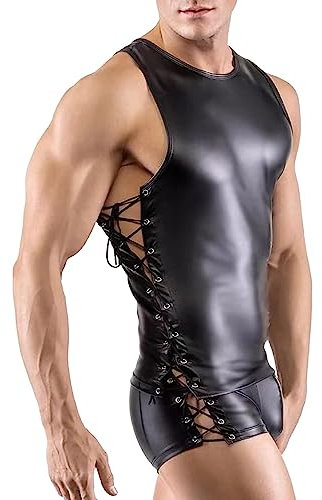 Latex ähnliches Herren Shirt Sexy Set Männer Shirt + Erotische Unterwäsche Schwarz Leder Optik Unterhemd Kurzarm Unterwäsche Stretch Hemd Clubwear Freizeithemd Muskel Top Lack-Leder Oberteil 022