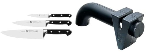Zwilling Professional S Messer-Set, 3-teilig, Rostfreier Spezialstahl/Kunststoff-Griff mit Nieten, Schwarz & Twinsharp Messerschärfer für Grob- und Feinschliff